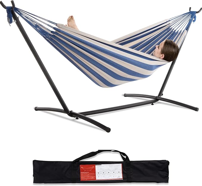 PNAEUT Double Hammocks with Stand for Outside, Portable Space Saving Heavy-Duty Steel Stand for Indoor Outdoor Patio with Carrying Bag, 450 lbs Capacity (Sky)