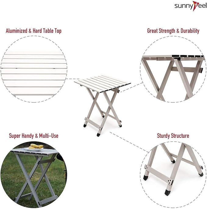 SUNNYFEEL Folding Camping Table - Lightweight Aluminum Portable Picnic Table, 18.5x18.5x24.5 Inch for Cooking, Beach, Hiking, Travel, Fishing, BBQ, Indoor Outdoor Small Foldable Camp Tables