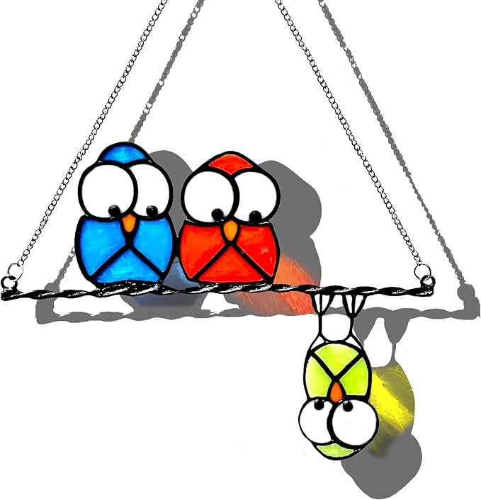 Multicolor Owls on a Wire High Suncatcher Panel, Bird Suncatcher for Windows Panels Hangings Hummingbird Glass Decoration for Wall Home Garden Decor Bird Owl Gift for Owl Lovers
