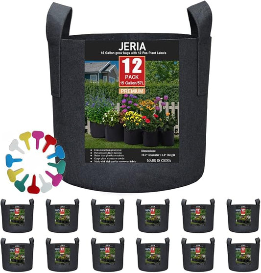 JERIA 12-Pack 15 Gallon, Vegetable/Flower/Plant Grow Bags, Aeration Fabric Pots with Handles (Black), Come with 12 Pcs Plant Labels