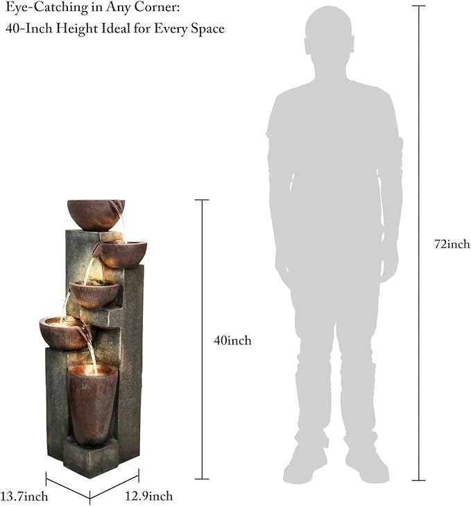 SunJet 5-Tier Cascading Indoor/Outdoor Water Fountain with LED Lights - 39.7" High Large Waterfall Floor Standing Fountain for Garden, Patio, Yard, and Deck Decor - Relaxing Outdoor Water Feature