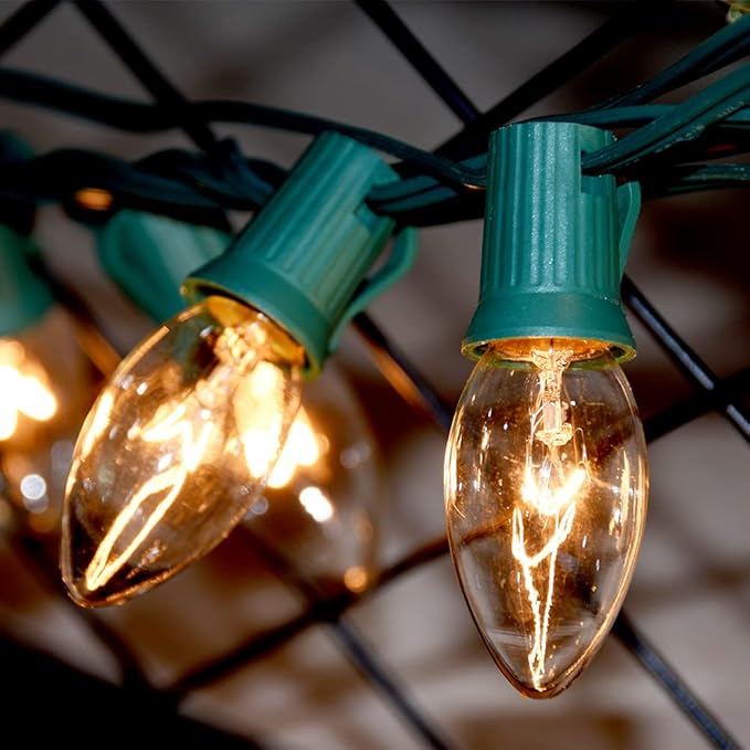 C9 Clear Christmas String Lights 25Ft C9 Outdoor Lights String with 26 Clear Bulbs, Hanging Christmas Roofline Light Patio Lights for Outdoor Decor 7 Watt C9/E17 Intermediate Base-Green Wire