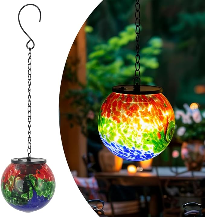 Hanging Solar Lanterns Outdoor Waterproof, Hanging Glass Solar Lantern with Hook, Gazing Ball Lantern Decor for Tree Yard Patio