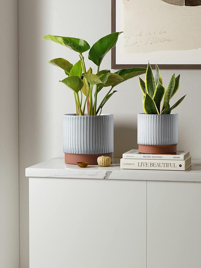 LE TAUCI Ceramic Plant Pots with Drainage Holes, Set of 3, 8+6.7+5.5 Inch Stripe Garden Planter Pots for Outdoor Indoor Plants Flower, Round Succulent Orchid Flower Pot, Reactive Glaze White