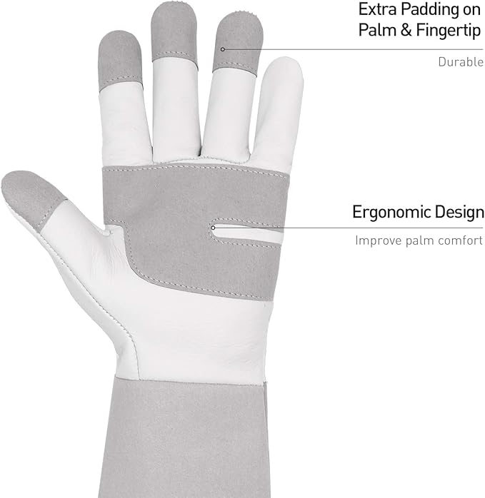 HANDLANDY Long Gardening Gloves for Men & Women, Thorn Proof Rose Pruning Gloves Leather Gauntlets Garden Glove Yard Work Glove (Small, Grey)
