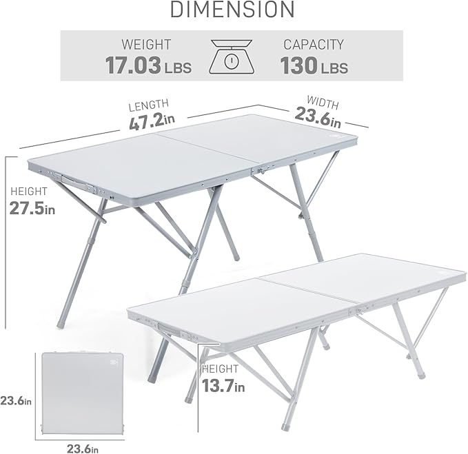 EVER ADVANCED Large Camping Table for 4-6 Person, Portable Folding Aluminum Table with Carrying Handle, Suitable for BBQ, Picnic, Camping and Indoor Use, Support up to 130LBS, Silver