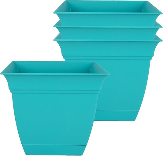 The HC Companies 8 Inch Eclipse Square Planter with Saucer – Indoor Outdoor Plant Pot for Flowers Vegetables Herbs, Teal (Pack of 4)