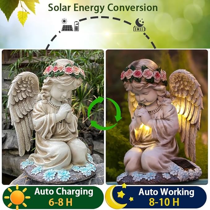 Garden Statues for Outside, 3 LED Solar Praying Angel Figurines Decorative Light, Waterproof Resin Fairy Statue Solar Light for Patio Balcony Yard Lawn Ornament Gifts for Mom (PrayAngel)