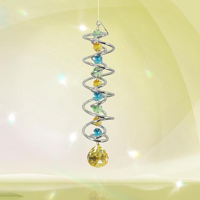 FONMY Gazing Ball Spiral Tail -Decorative Wind Spinner Sun Catcher Rainbow Maker Double-Spiral W/Golden Crystal Ball and Chain Crystals for Indoor Outdoor Garden Decoration -14 inch Height