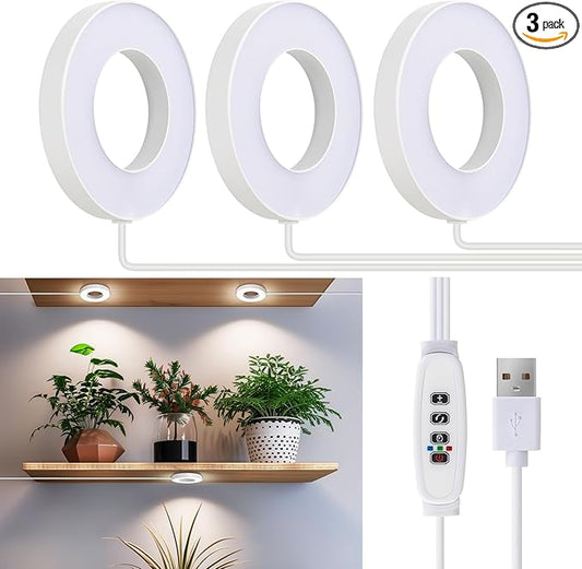 Ceiling Grow Lights for Indoor Plants, 144 LEDs Full Spectrum Halo LED Plant Light, with 3/9/12H Auto Timer Switch, 3 Colors,10 Dimming, Plant Lights for Small Plants, 3 Head