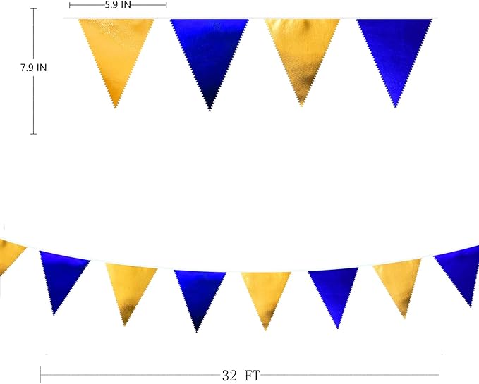 Royal Blue Gold Party Decoration Navy Blue Gold Triangle Pennant Banner Flag Metallic Fabric Bunting Garland for Graduation Birthday Wedding Retirement Bridal Shower Nautical Ahoy Achor Party Supplies