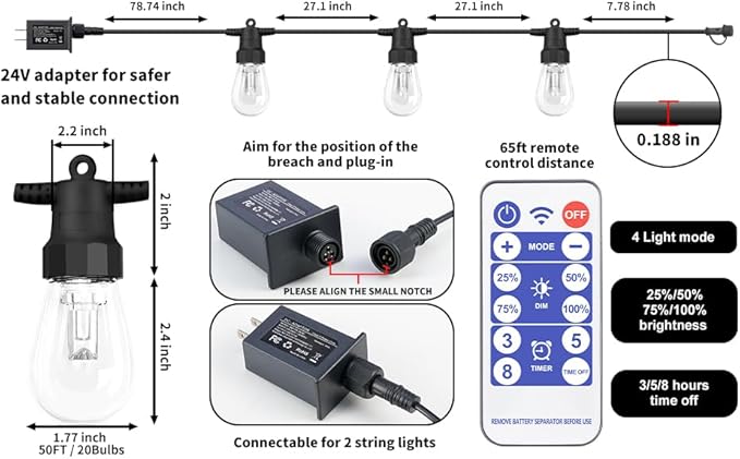 LED Outdoor String Lights 50FT,Patio Lights with 20 Dimmable Bulbs,IP66 Waterproof Shatterproof, with Remote Control,2700k Outside Hanging Lights for Backyard Porch Garden Decoration