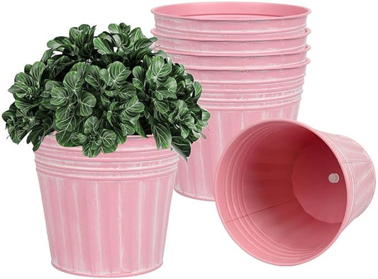 vensovo 5 Inches Pink Metal Rustic Flower Pots - 6 Pcs Small Galvanized Planters with Drainage Hole and Rubber Plug, Rustproof Tin Bucket Plant Pot Farmhouse Vintage Style for Decor