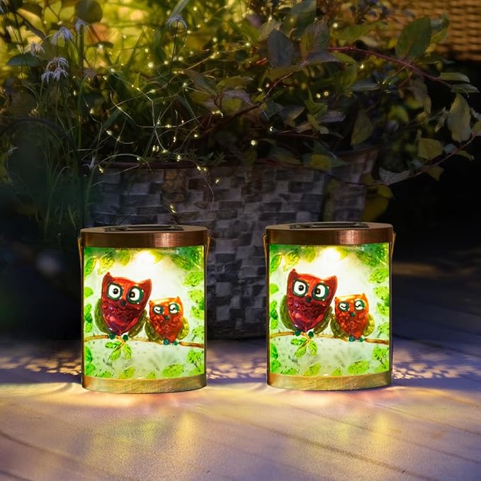 Starsoul 2 Pack Hanging Solar Lantern Outdoor Waterproof Owls Nestled on Branch Glass Decorative Solar Lights for Outside Garden Yard Table Patio Decor