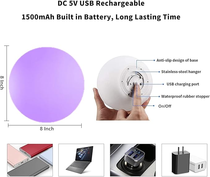 8-Inch LED Ball Light, Multi-Color Rechargeable Night Lights Waterproof Dimmable Mood Lamp with Remote for Home Garden Patio Party Bar Decors