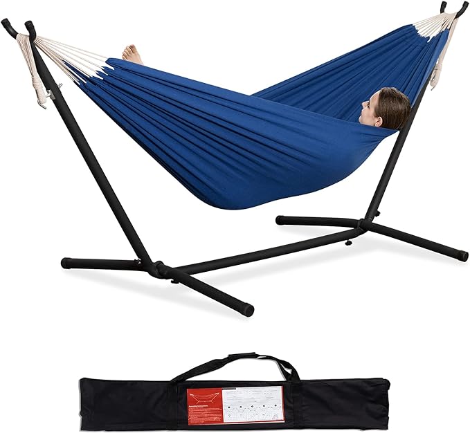 PNAEUT Double Hammocks with Stand for Outside, Portable Space Saving Heavy-Duty Steel Stand for Indoor Outdoor Patio with Carrying Bag, 450 lbs Capacity (Navy)
