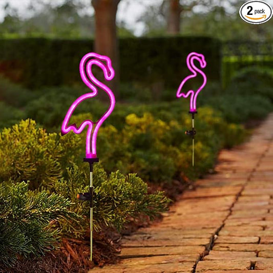 Flamingo Solar Garden Stake Lights, [Set of 2] Outdoor Solar Pathway Light for Lawn Patio Yard Walkway, Neon Pink Lighting (29.5" Height)