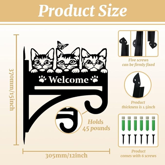 peacoblue Iron Plant Hangers Hooks Cat with Welcome for Outdoor Indoor Hanging Plants Flower Fern Pots Lantern Bird Feeder, 12"x15" Weather Resistant Metal Wall Holder for Porch Garden Farmhouse