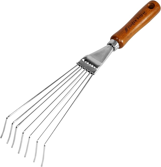 Japanese Hand Rake Garden Tool, Japanese Steel with Wood Handle, Small Rake for Leaves, Handheld Garden Cleaning Tool, Made in Japan, Silver