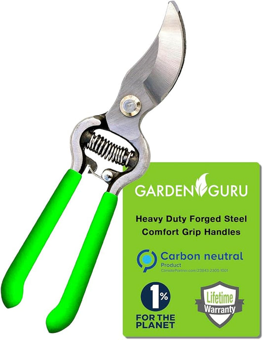 GARDEN GURU Classic Bypass Pruning Shears Clippers – Heavy Duty Forged Steel Garden Pruners – Safety Lock – Non Slip Comfort Grips – Cuts up to 1” Diameter – Professional Bypass Pruners for Gardening