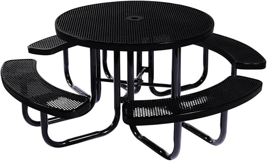Heavy-Duty Portable Outdoor Picnic Table with Umbrella Hole, Punched Steel Commercial-Grade Patio Dining Furniture Made in America (46" Round Top, Black)
