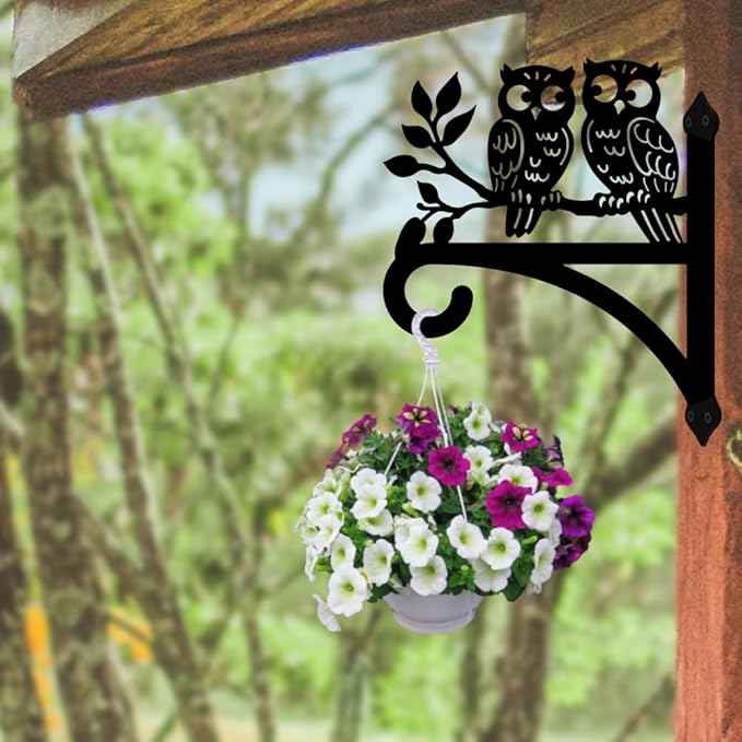 peacoblue Iron Plant Hangers Hooks for Outdoor Indoor Hanging Plants Flower Fern Pots Lantern Bird Feeder Wind Chimes, 12"x14" Owl Weather Resistant Metal Wall Holder for Porch Garden Farmhouse(Owl)