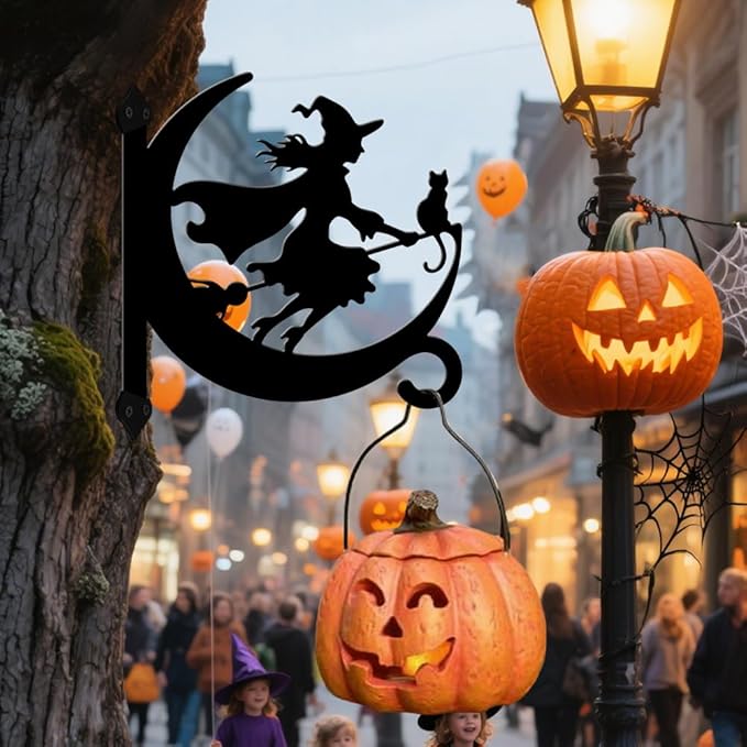 peacoblue Iron Plant Hangers Hooks for Outdoor Indoor Hanging Plants Flower Fern Pots Lantern Bird Feeder,11.6"x13.6" Weather Resistant Metal Wall Holder for Porch Garden Farmhouse(Witch and Cat)