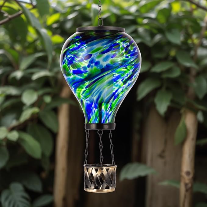 Starsoul Solar Hot Air Balloon Lantern with Flickering Flame Glass Hot Air Balloon Solar Light Waterproof Hanging Outdoor Lantern for Garden Yard Patio Decorations