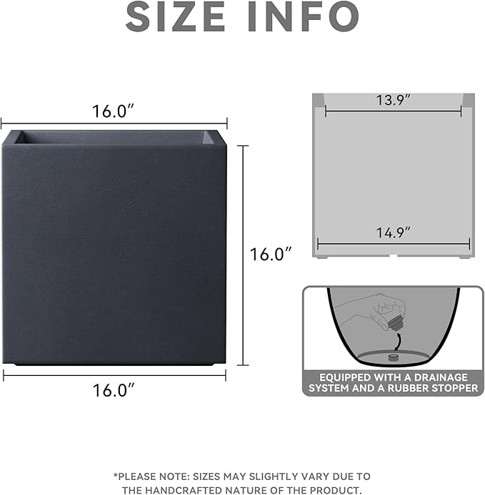 Kante 16 Inch Square Concrete Planter for Outdoor Indoor Home Patio Garden, Large Plant Pot with Drainage Hole and Rubber Plug, Charcoal