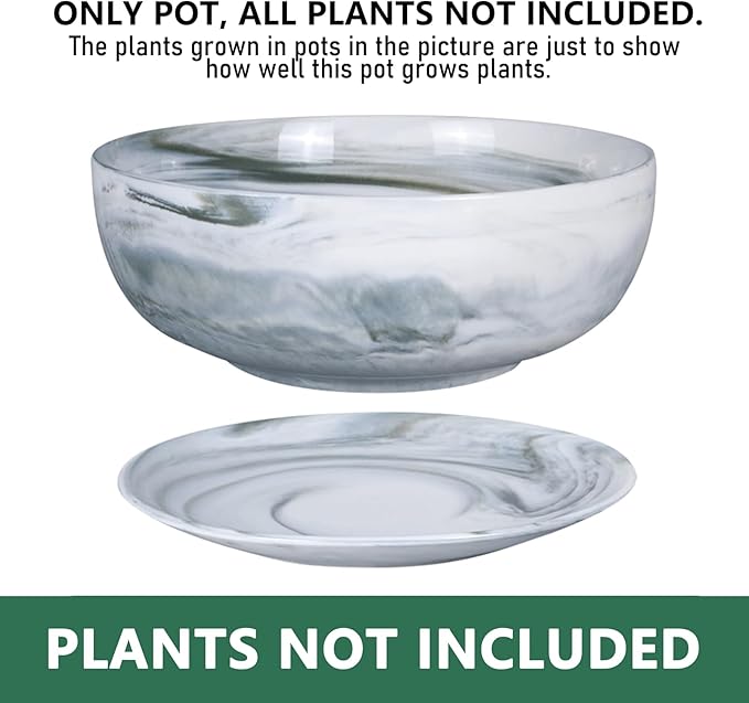 G EPGardening 8in Marble Pattern Large Round Succulent Planter Pot Modern Flower Pot Indoor and Outdoor Planter with Marble Tray