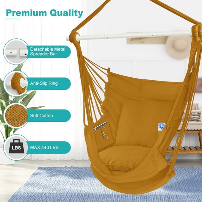 Outerman Hammock Chair, Hanging Chair with 3 Cushions and Foot Rest Support, Sturdy Metal Spreader Bar Max 500Lbs, Swing Chair for Bedroom, Indoor & Outdoor, Patio, Porch or Tree（Khaki）