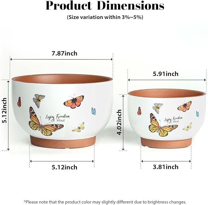YBX 8 Inch & 6 Inch Terracotta Pots, Plant Pots Indoor, Flower Pots for Indoor Plants with Drainage, Planters with Butterfly Accent for Indoor Plants (Tropical)