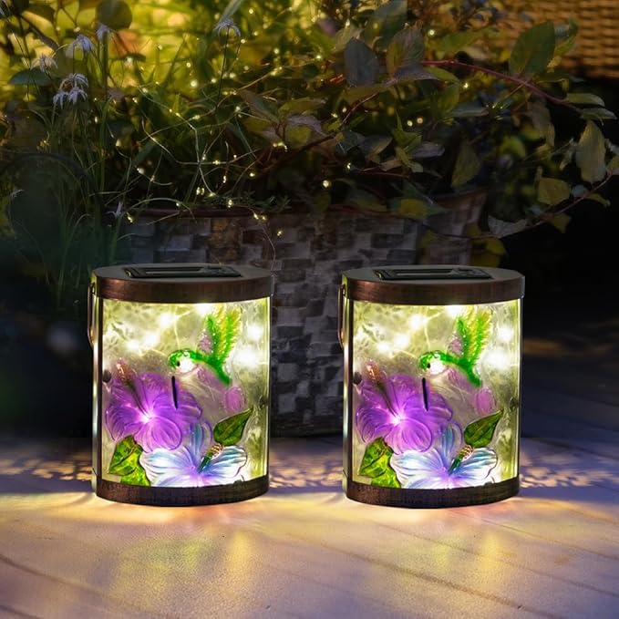Starsoul 2 Pack Hanging Solar Lantern Outdoor Waterproof Glass Hummingbird Decorative Solar Lights for Outside Garden Yard Table Patio Decor