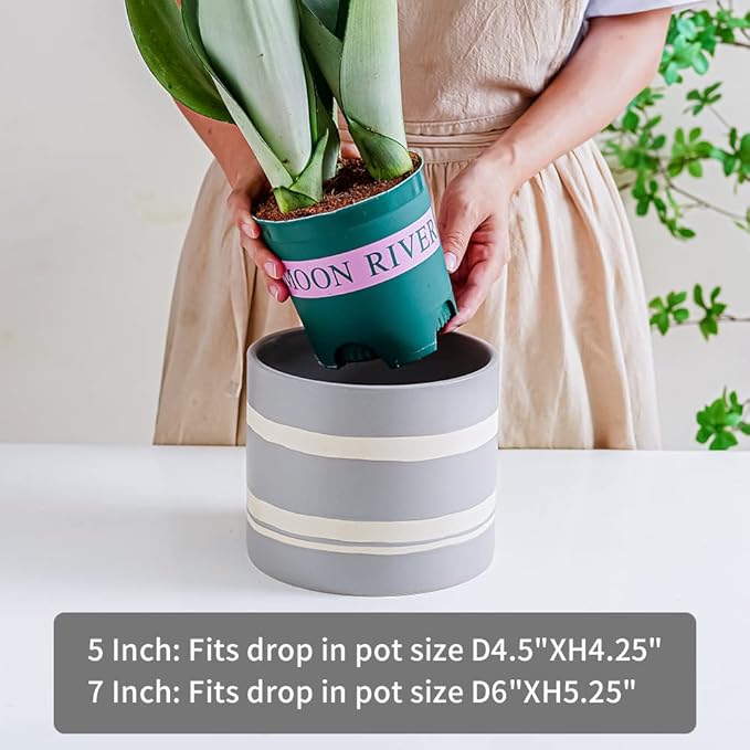 Nihow Modern Ceramic Plant Pot - 5 + 7 Inch Flower Pot for All Indoor Plants - Sturdy Planter Pots with Drainage Hole & Rubber Plugs - Semi-Matte Gray & Nature - Plants Not Included