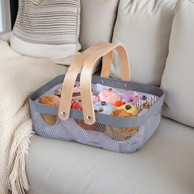 Metal Mesh Steel Basket, Storage Organizer Basket Garden Harvest Basket Multi-functional Kitchen Fruit Baskets Bin with Wooden Handle for Bathroom Picnic Shopping Decor Cabinet Home, Grey