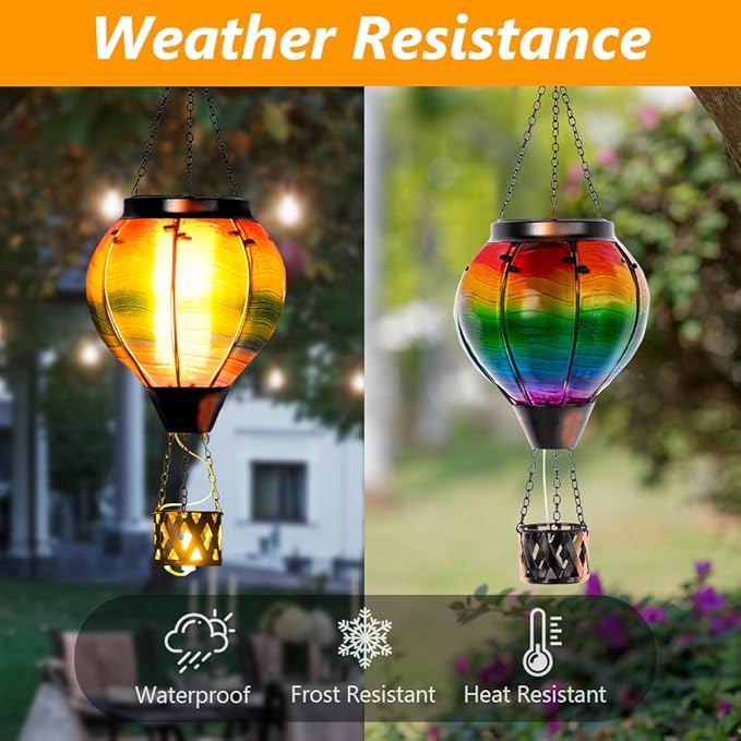 Starsoul 2 PC Solar Hot Air Balloon Lantern with Flame Multi-Color Hot Air Balloon Lantern with Candle Holder Metal & Glass Hanging Garden Light Waterproof Outdoor Lantern Decor