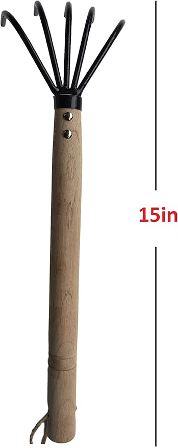 Garden Guru Hand Rake Cultivator Claw Soil Tiller - Military Grade Steel - Rust Resistant - 5 Tine Japanese Ninja Claw - Comfortable Wood Handle - Perfect Pulverized and Aerated Soil