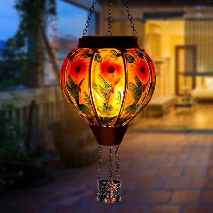 DREAMSOUL Hummingbird Hot Air Balloon Solar Lantern, Hanging Solar Lanterns Outdoor with Flickering Flame Light, Metal & Glass Solar Lanterns Outdoor Waterproof for Patio Yard Decor
