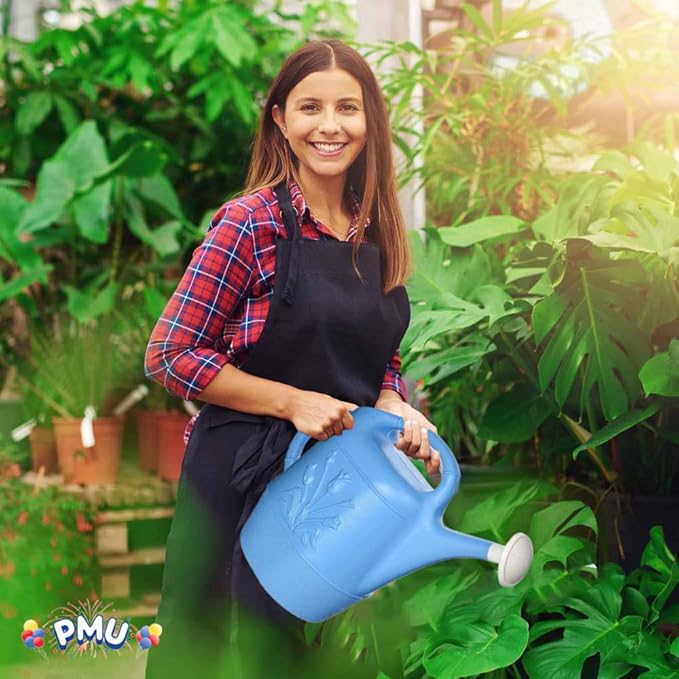PMU 2 Gallon Watering Can - Garden Watering Can for Indoor & Outdoor Plants - Plastic Water Can with Detachable Sprinkler Head - Large Water Pot, Made in USA - Blue Pkg/3