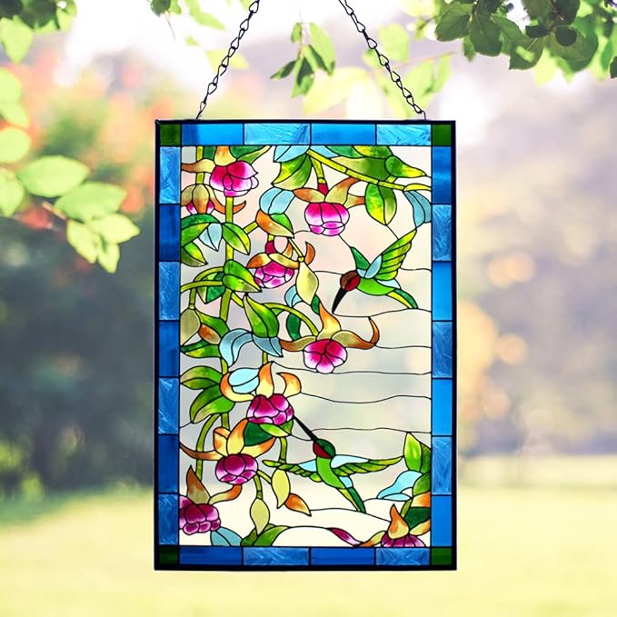VEWOGARDEN Hummingbird Stained Glass Window Hangings, Bird Suncatcher Panel with Metal Chain for Windows Decor Indoor Outdoor (W10xH15 inch)