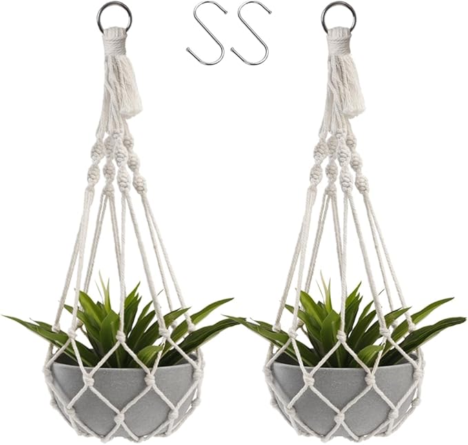 Artilady Macrame Plant Hanger Large Hanging Planter for Indoor Plants Holder White Cotton Rope Hanging Plant Basket Handmade Outdoor Window Boho Plant Wall Decor