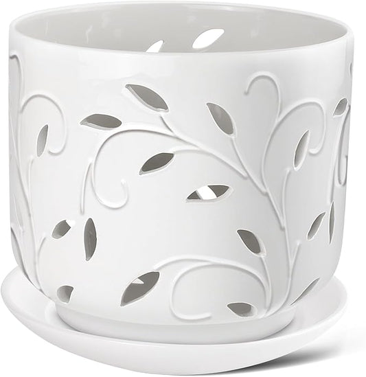 EFISPSS Orchid Pots with Holes, 7 Inch Orchid Pots with Drainage Holes and Tray, Indoor or Outdoor Ceramic Flower Pot for Orchid Care, Promoting Air Circulation and Drainage Plant Pot - White