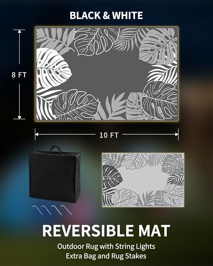 COCOER Tropical Outdoor Rug 8x10 LED Reversible-Waterproof Patio Rug-Quick Dry Outdoor Carpet-Outdoor Area Rugs Indoor Outdoor Rugs-Outside Rug Patio Decor for Porch Deck Balcony Backyard