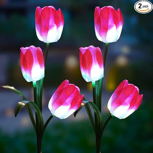 Veesee Outdoor Solar Tulip LED Flower Light, Christmas Gift, Solar Garden Stake Flowers, Decorative Solar Lamp for Patio Lawn,Solar Path Tulip Lights, Lawn, Garden, Yard, Grave Decoration-Red