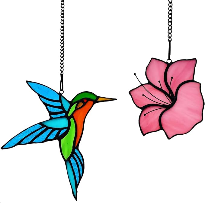 2 Pack Stained Glass Hummingbird with Flower Suncatcher for Window Hanging Ornament, Sun Catchers Indoor Window, Stained Glass Birds with Flower Gifts for Women, Mom, Birds Lovers