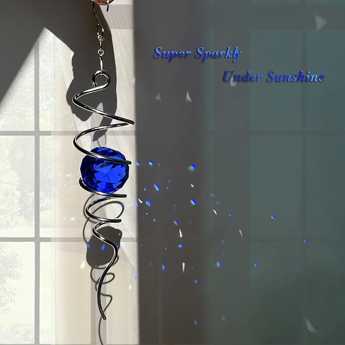 FONMY Gazing Ball Spiral Tail -Decorative Wind Spinner Sun Catcher Rainbow Maker 11 inch Tail and 2 inch Dark Blue Crystal Orb. Indoor Outdoor Garden Decoration -13 inch Height