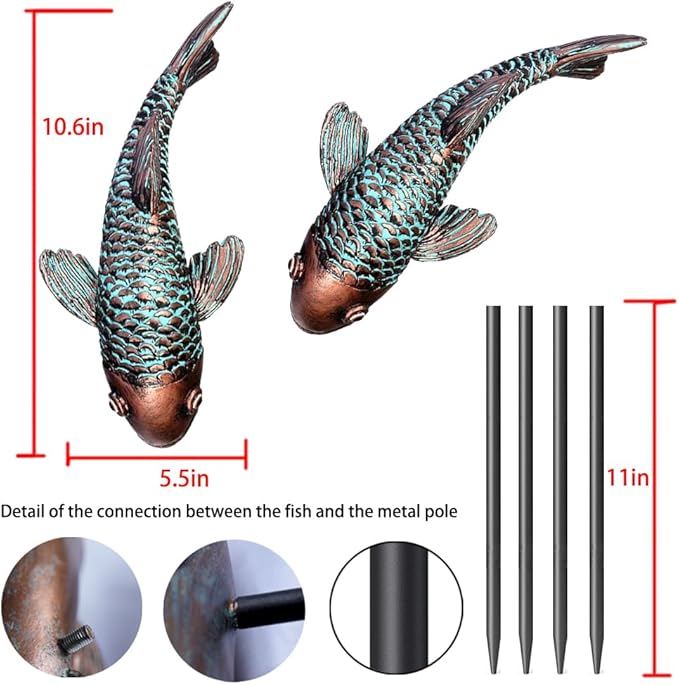 Koi Fish Decor - Set of 2 Antique Koi Fish Garden Statue for Outdoors, Patio and Backyard Decoration