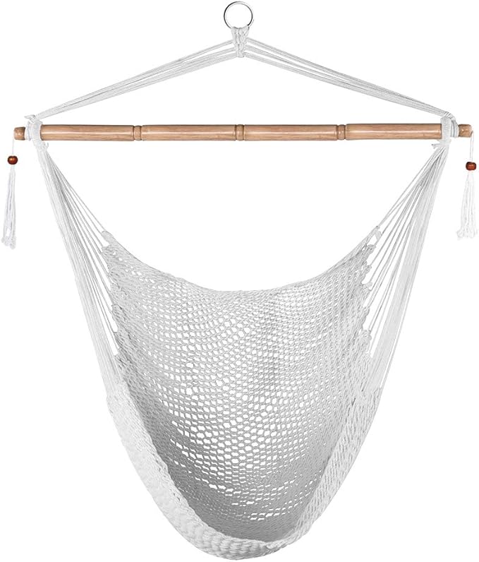 Lazy Daze Hammocks Hanging Chair Caribbean Swing Chair Hammock Chair w/Soft-Spun Cotton Rope, 40" Hardwood Spreader Bar Wide Seat, Max 300 Pounds, for Indoor Outdoor Garden Yard, White