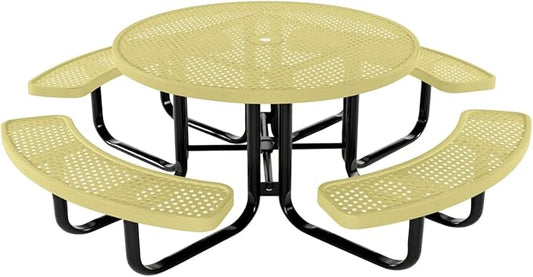 Heavy-Duty Portable Outdoor Kids Table with Umbrella Hole, Punched Steel Kids Picnic Table, Commercial-Grade, Made in America (46 in, Round, Childrens, Textured Sandstone)