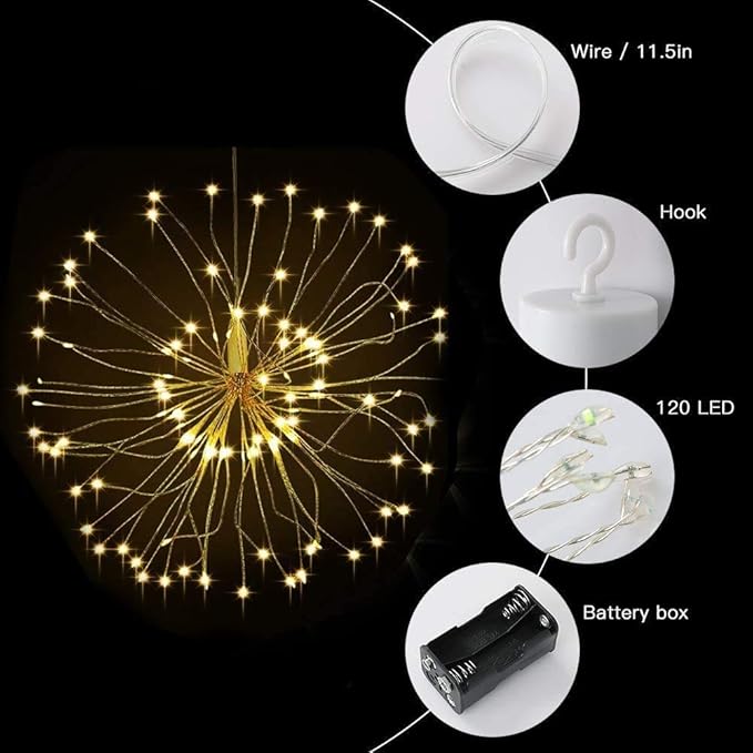 Firework Lights,10 Pack LED Copper Wire Fireworks Lights Fairy Lights Christmas Hanging Dimmable String 8 Modes Waterproof with Remote Control